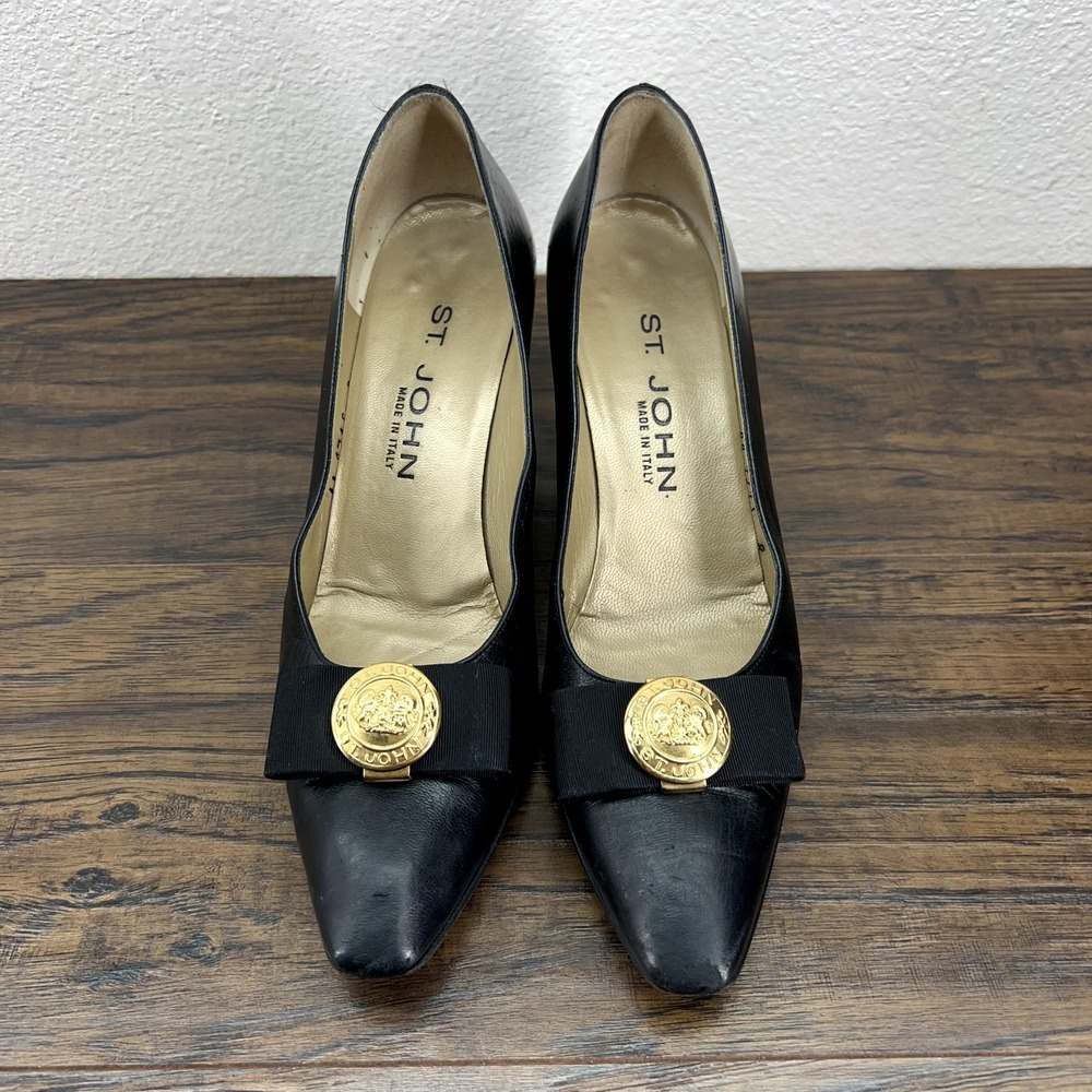 St John Womens Size 8AAAA Shoes Heels Pumps Vintage 80s Black Leather Bow